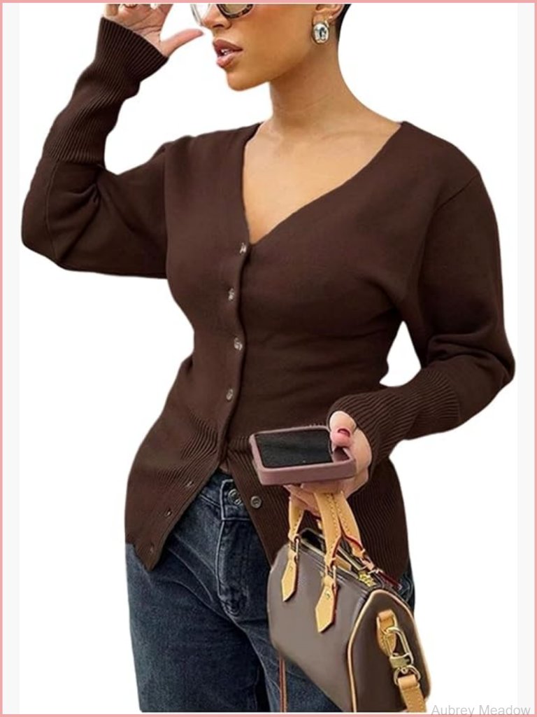 Button Up Cardigan Sweater Cinched Waist Deep V Neck Fitted Knit Top Long Sleeve
